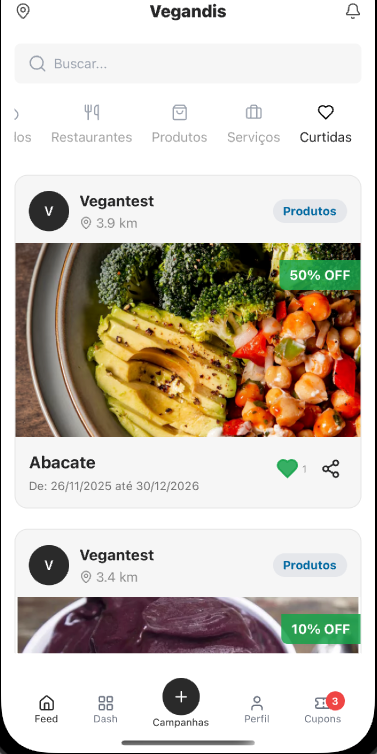 Vegandis App - Feed de campanhas e descontos veganos